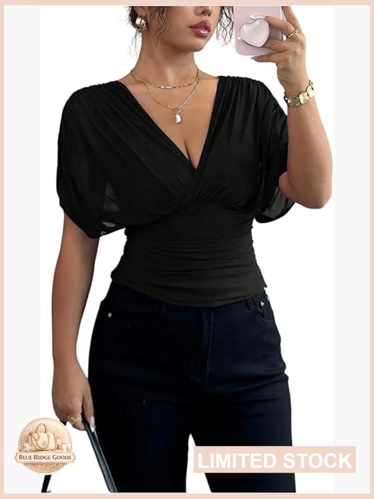 Women's Sheer Mesh Wrap Top V Neck Short Sleeve Ruched Tie Back Summer Going